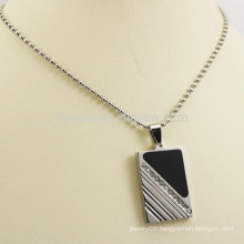 Silver Metal Rectangle Necklace Pendant With Diamond And Black Enamel